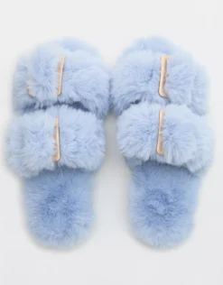 Aerie Fuzzy Double Strap Slippers